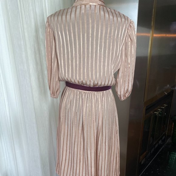 Vintage 80s dress, gold rose textured, velvet raspberry ribbon, size ML - Picture 5 of 11